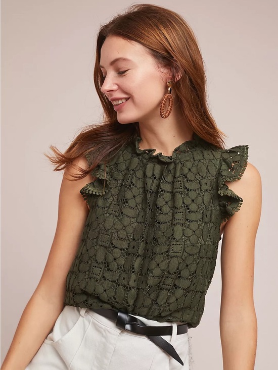 Maeve Tops - Maeve Olive Green Lace Ruffle Sleeve Blouse